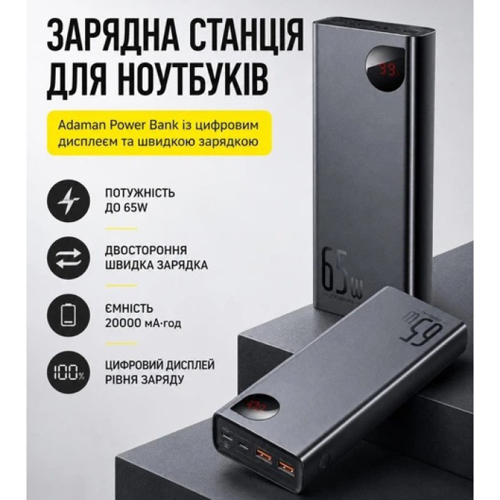 Павербанк 20000 mAh 65W для ноутбука зі швидкою зарядкою Power Bank Baseus Портативний зарядний пристрій