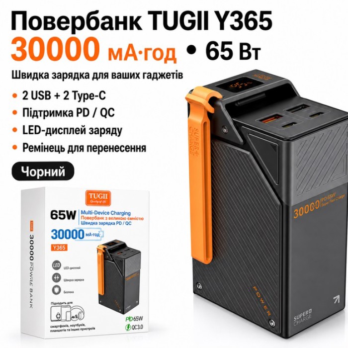 Павербанк WUW 30000mAh 65W Павербанк WUW TUGII Y365 зі швидкою зарядкою, Портативний зовнішній акумулятор DJ-92