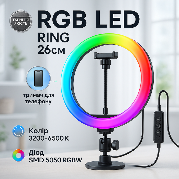 Кільцева лампа для блогера кольорова, Кільцева світлодіодна led лампа ring, Світлодіодне кільце WU-95