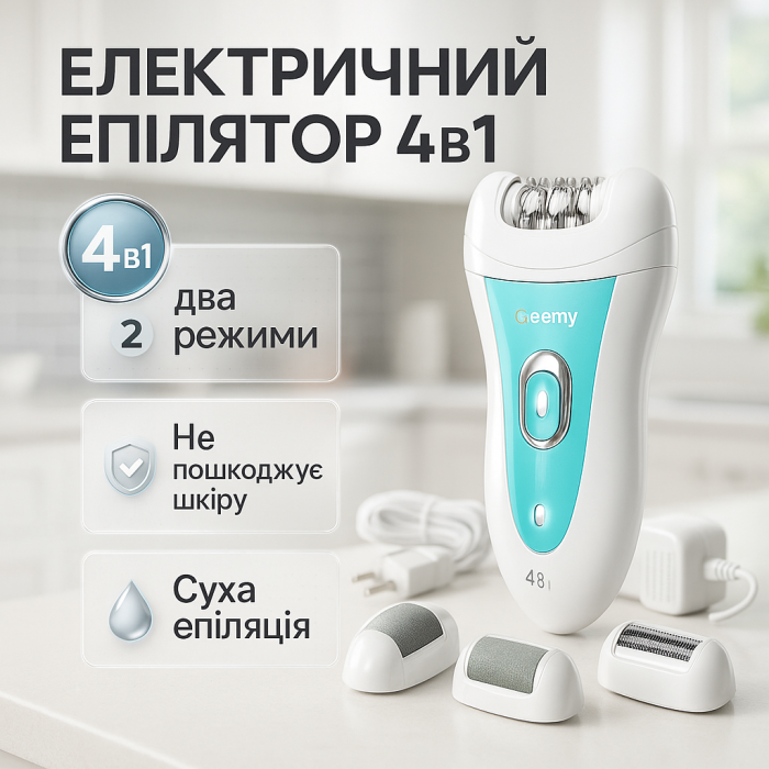 Епілятор Gemei GM-7006 4в1 - Професійний бездротовий епілятор бритва з насадками триммер + пемза