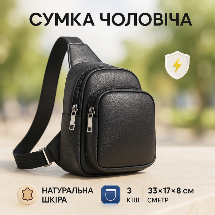 Стильна сумка чоловіча - бананка, слінг нагрудна з натуральної шкіри на блискавці чорна
