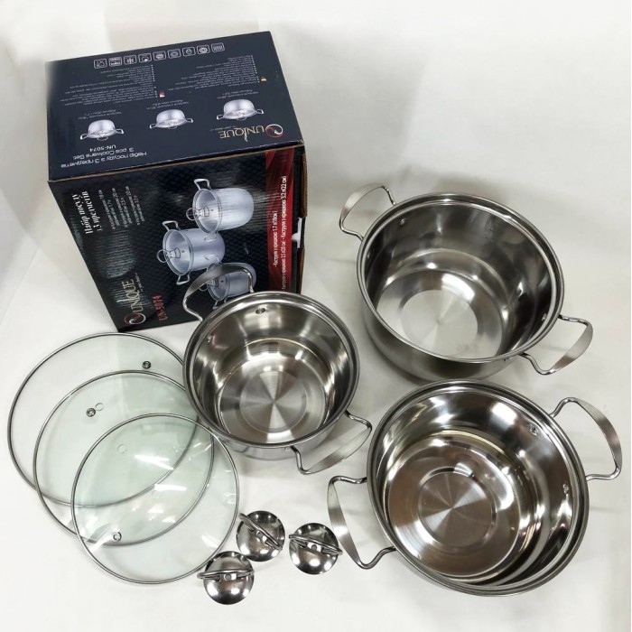 Комплект металевих каструль UNIQUE, Набір каструль з комплектом кришок Набір зі сталі KW-35