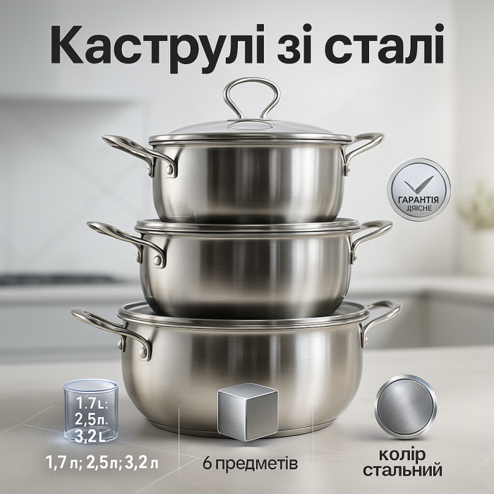 Набір каструль із нержавіючої сталі з кришками UNIQUE UN-5074, набір посуду для електричних плит