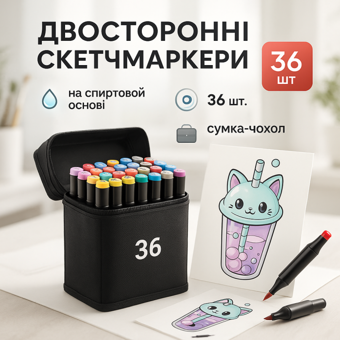 Маркери в чорній сумці 36, Професійний набір двосторонніх скетч-маркерів, Маркери художні двосторонні VF-86