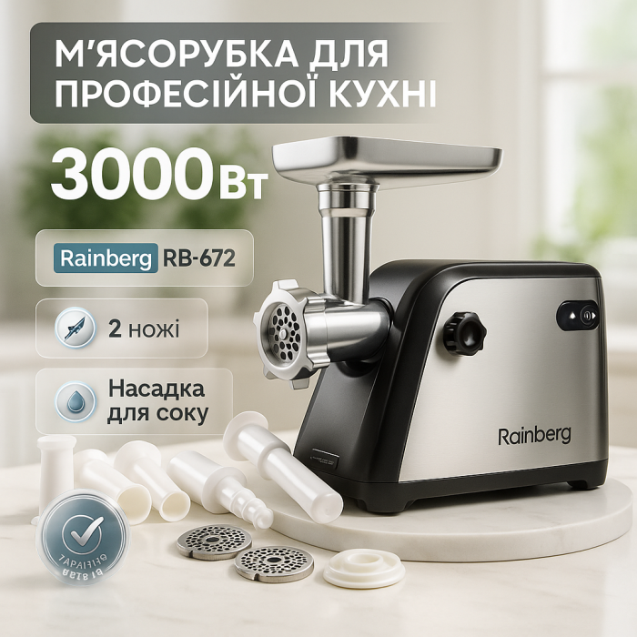 М'ясорубки з соковижималкою і шинковкою Rainberg RB-672 3000W М'ясорубка з функцією подрібнення 'яса DO-56