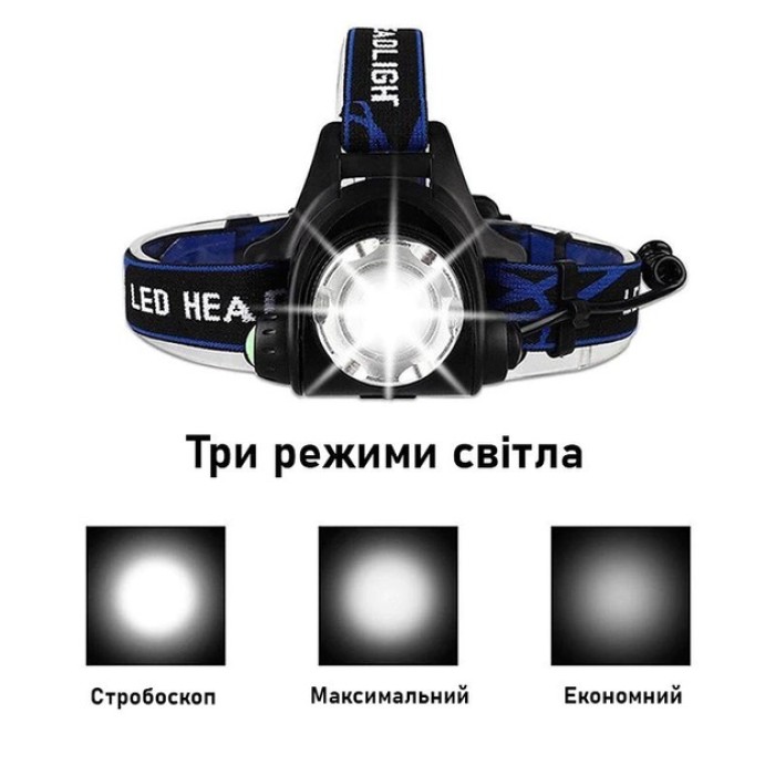 Налобний ліхтар Bailong BL-T24-P50 акумуляторний LED/Zoom 3 режими роботи, ліхтар на голову для риболовлі