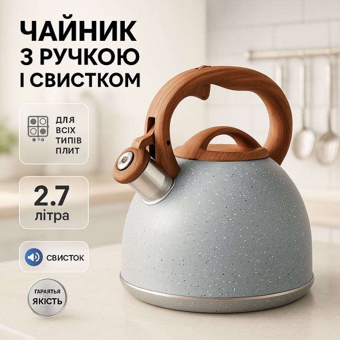 Чайник Unique зі свистком UN-5306 2.7л мармур, чайник для газової плитки, чайник на плиту Gray