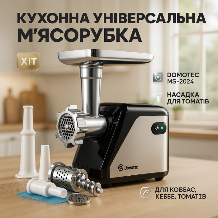М'ясорубка для жилавого м'яса DOMOTEC MS-2024 3000 Вт 'ясорубки з металевими шестернями в редукторі HW-23