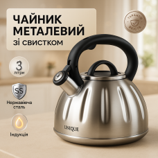 Чайник металевий зі свистком Unique, Чайник для приготування напоїв зі свистком 3 л KZ-66