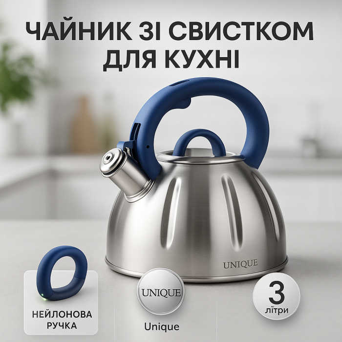 Чайник із свистком Unique UN-5303 кухонний на 3 літри, чайник для газової плитки Blue
