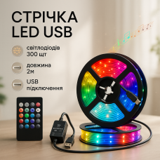 Світлодіодна стрічка SMD 5050 RGB LED 2м IP65 з пультом та блоком живлення USB, 2м, Стрічка світлодіодна 5050