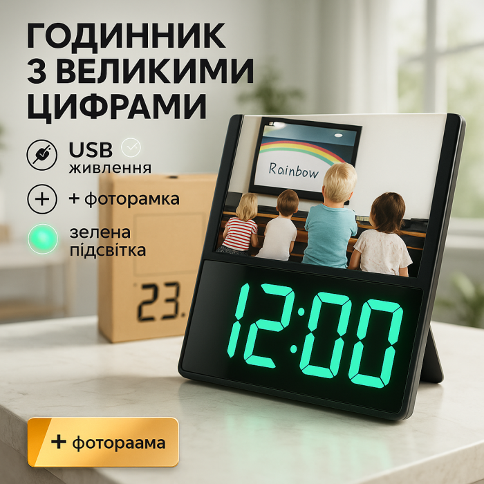 Електронний дротовий настільний цифровий годинник DS-6608 з фоторамкою, зелене підсвічування Black
