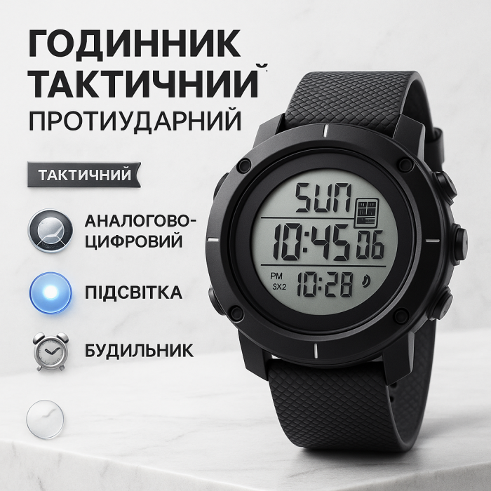 Годинник наручний чоловічий SKMEI 1213BK BLACK BIG SIZE, годинник тактичний протиударний. Колір: чорний