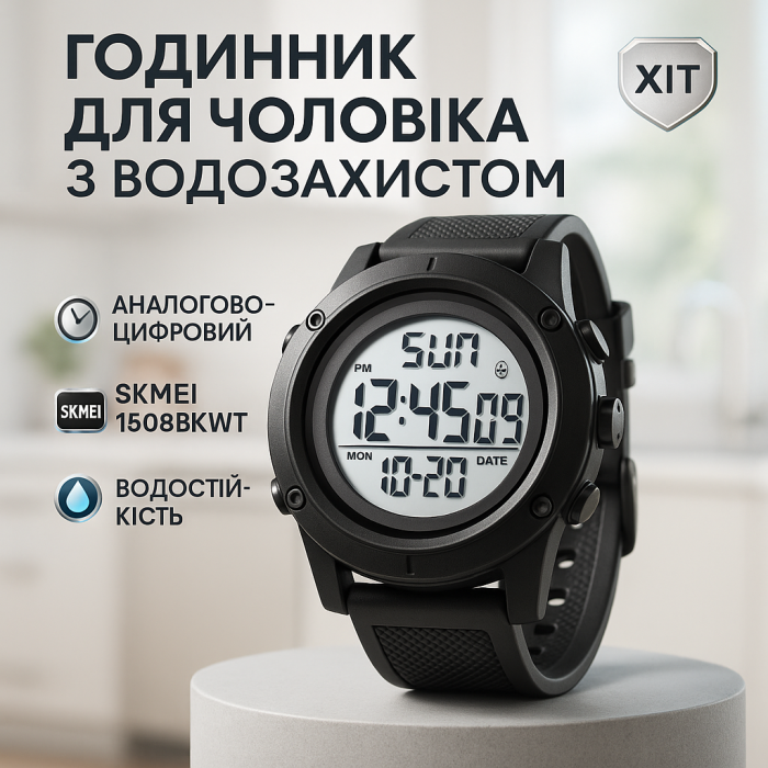 Годинник наручний чоловічий SKMEI 1508BKWT BLACK, годинник наручний електронний тактичний. Колір: чорний