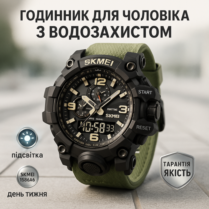 Стильний армійський годинник SKMEI 1586AG, Практичний чоловічий годинник Рибальський ZQ-72
