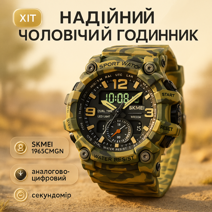 Годинник наручний чоловічий SKMEI 1965CMGN CAMO GREEN, військовий чоловічий наручний годинник зелений. Колір: камуфляж