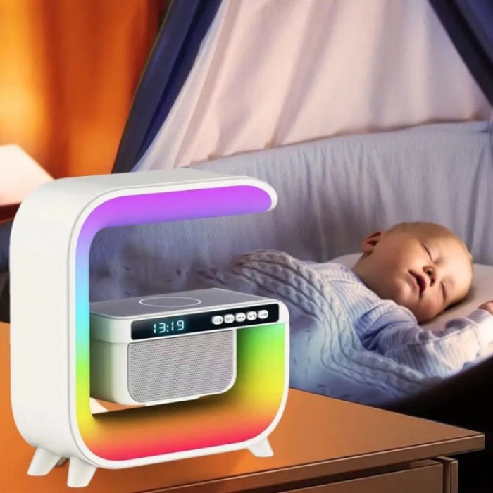 Нічний акумуляторний RGB G3 з бездротовою зарядкою 15W Bluetooth колонка Настільна смарт лампа White