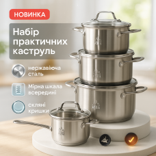 Набір каструль з нержавіючої сталі, Комплект металевих каструль, Набір каструль-сотейників ZF-74