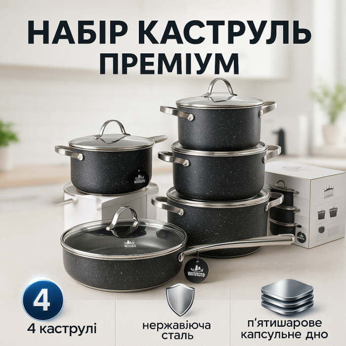 Набір каструль для приготування з кришками, Каструлі з прозорими кришками, Фірмові набори каструль DV-39