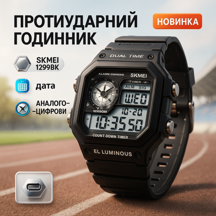 Годинник наручний чоловічий SKMEI 1299BK, годинник наручний електронний тактичний, годинник для військовослужбовців