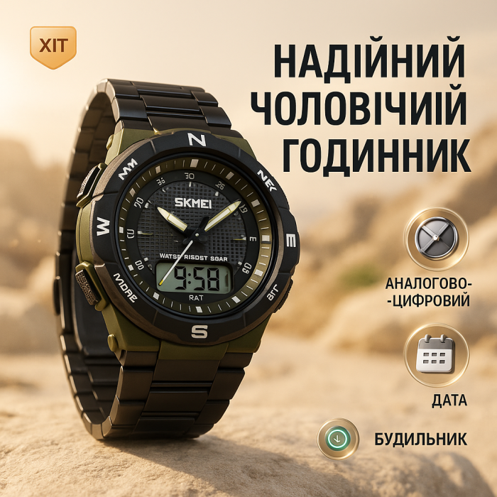 Годинник наручний чоловічий SKMEI 1370AG, армійський годинник протиударний, годинник армійський скмей
