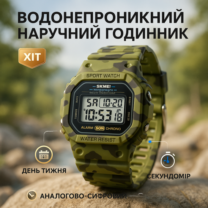 Водонепроникний годинник з гарантією SKMEI 1628CMGN, Чоловічий круглий спортивний годинник UO-91