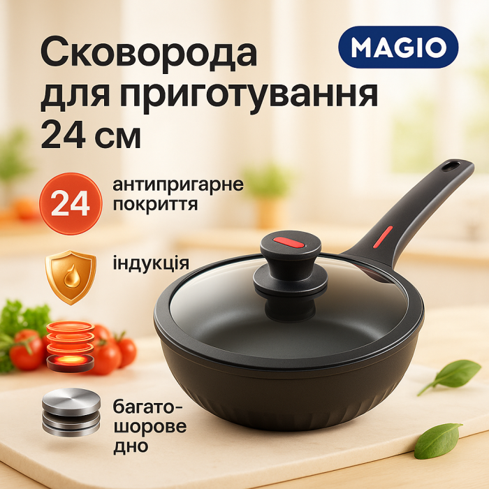 Лита антипригарна сковорода Magio MG-1170 24 см, для індукційної плити, сковорода з індукційним дном