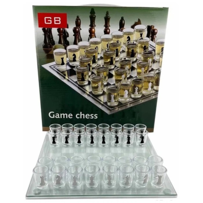 Алко П'яні шахи з чарками та скляною дошкою 24х24 см. Алкогольні шахи чарки, настільна гра 32 чарки DG-98