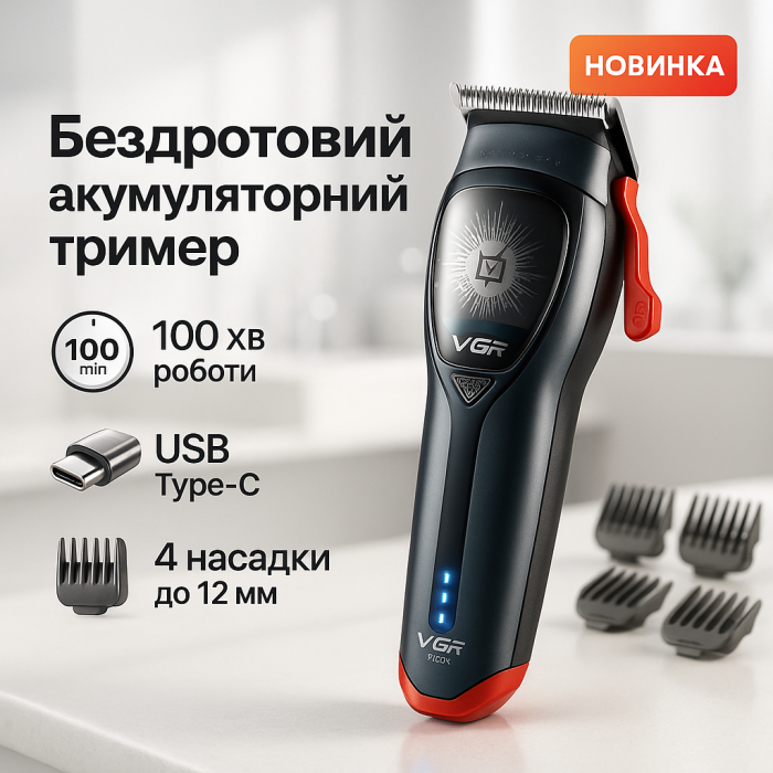 Тример з регульованою довжиною VGR V-647, Професійний бездротовий тример, Набір машинок для стрижки HB-50