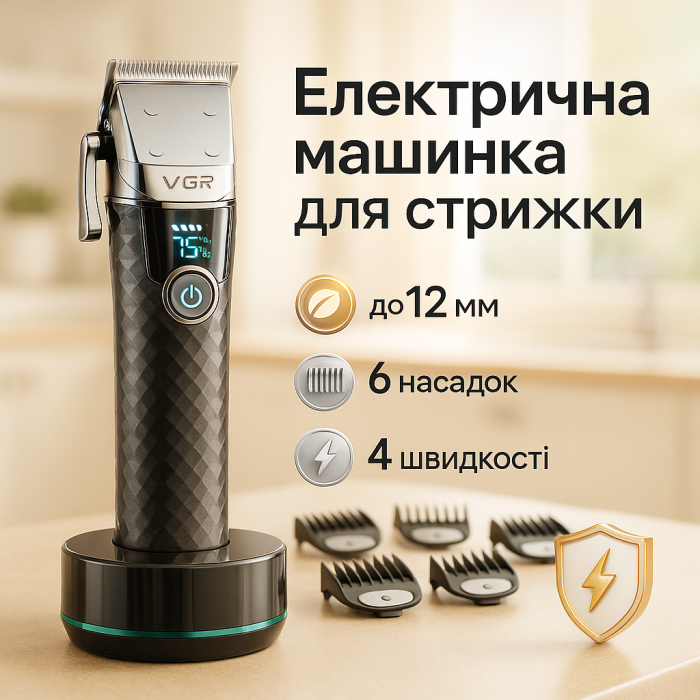 Професійна бездротова машинка для стрижки VGR V-682 тример для волосся, бороди та вусів на підставці