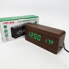 Електронний годинник VST-862-4, з датчиком температури, будильник, живлення від USB. Колір: коричневий-зелений