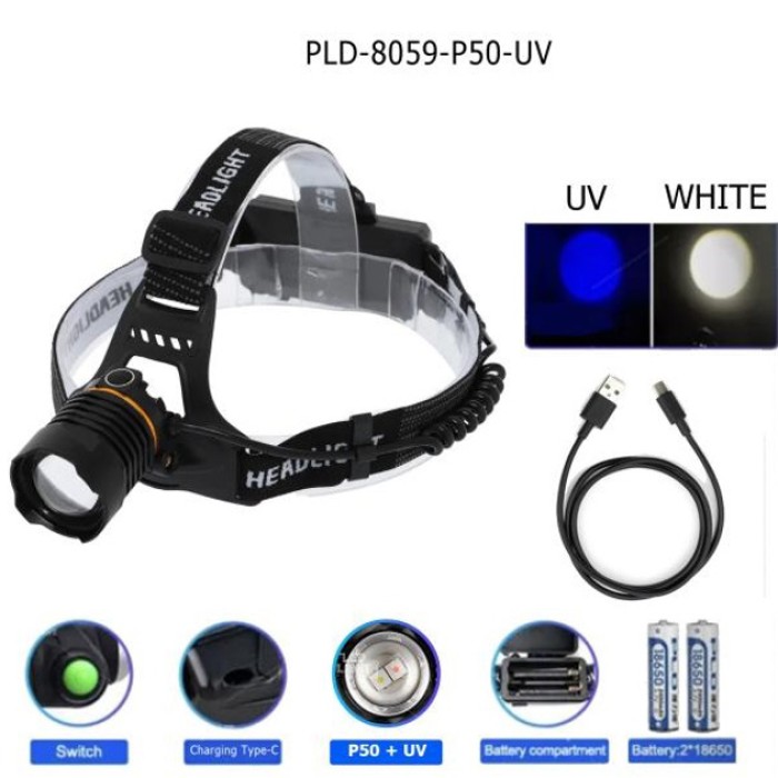 Led ліхтар налобний акумуляторний 1000лм PLD-8059-P50-UV, Світлодіодний ліхтар AS-884 на лоб