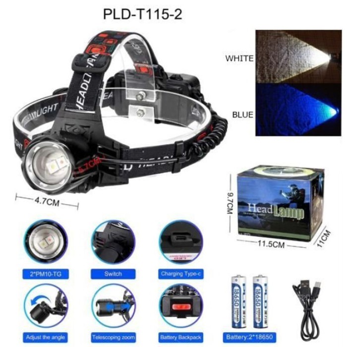 Налобний ліхтар з лінзою PLD-T115-2PM10-TG (white+blue), Ліхтар із різними XV-962 режимами роботи