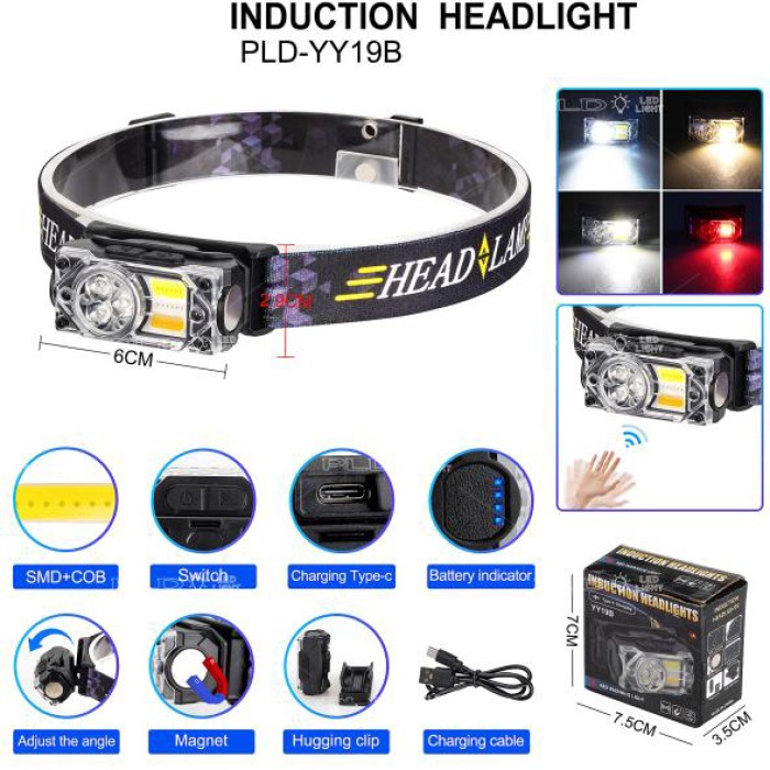Ліхтар налобний YY-19B-3SMD+2COB(white+yellow+red), Налобний ліхтарик із usb зарядкою