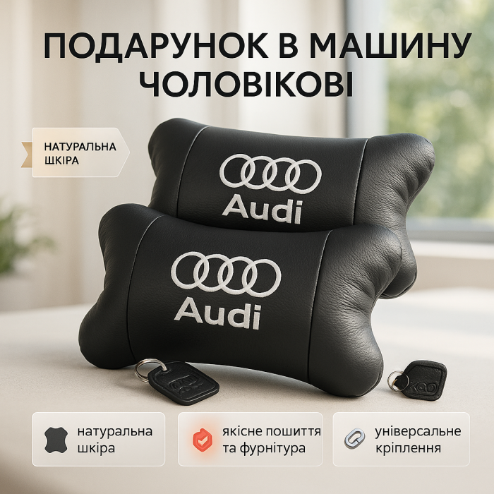 Набір автодушки 2шт на підголовник Audi / Ауді з натуральної шкіри чорна / Підголовник в машину