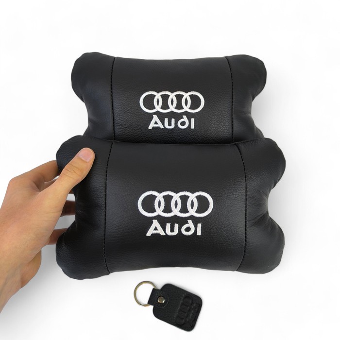 Набір автодушки 2шт на підголовник Audi / Ауді з натуральної шкіри чорна / Підголовник в машину