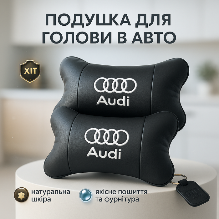 Набір автодушки 2шт на підголовник Audi / Ауді з натуральної шкіри чорна / Підголовник в машину