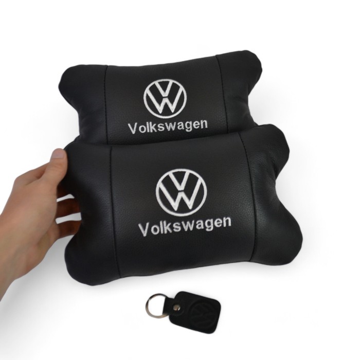 Набір подушок 2шт в авто Volkswagen з натуральної шкіри, на підголовник у машину, Автомобільна подушка