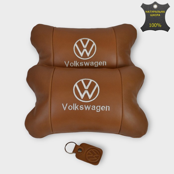 Набір подушок 2шт для автомобіля Volkswagen, з натуральної коричневої шкіри. Подушки на підголовник
