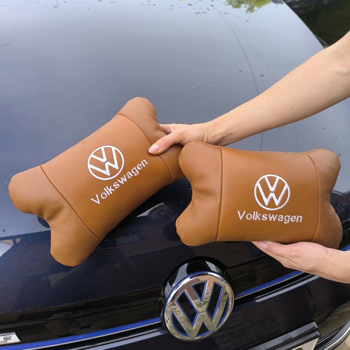 Набір подушок 2шт для автомобіля Volkswagen, з натуральної коричневої шкіри. Подушки на підголовник