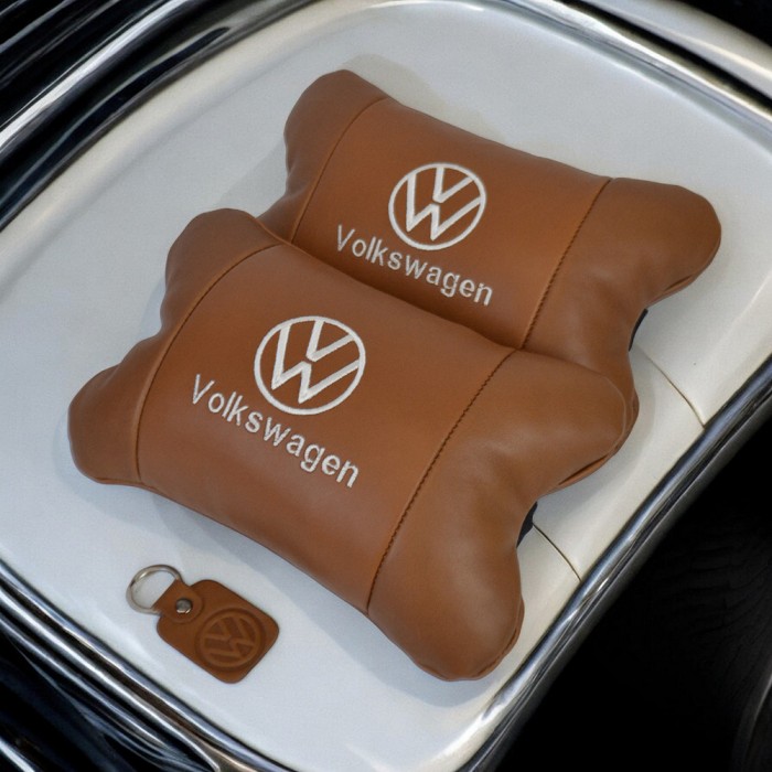 Набір подушок 2шт для автомобіля Volkswagen, з натуральної коричневої шкіри. Подушки на підголовник