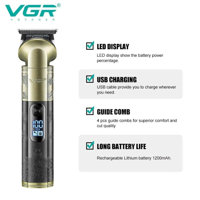 Бездротовий тример для стрижки волосся VGR V-296, Акумуляторна машинка для стрижки волосся з насадками EM-54
