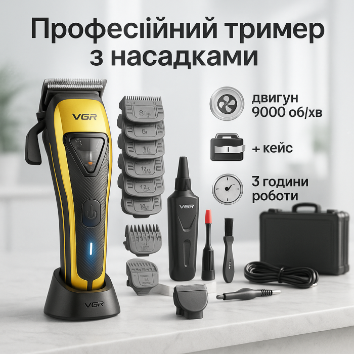 Машинка для стрижки VGR V-015 акумуляторна бездротова професійна 6 насадок