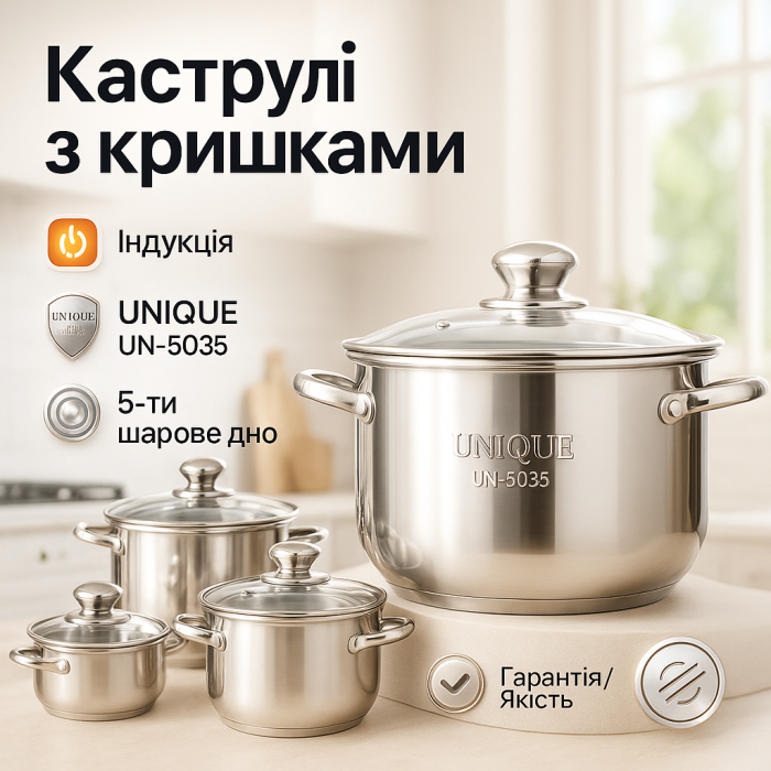 Набір посуду для електричних плит UNIQUE UN-5035, Набір високих каструль каструль-сотейників PK-91