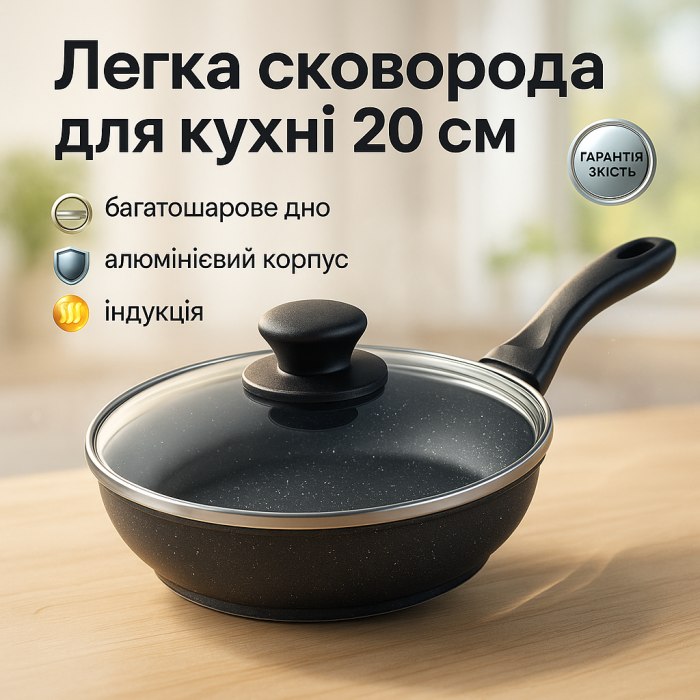 Сковорода з кришкою та антипригарним покриттям UNIQUE UN-5162 20 см, Сковорода фірмова для приготування
