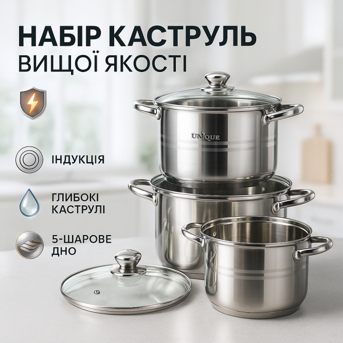 Каструлі посуд для електричних плит Unique UN-5041, Набір каструль з антипригарним покриттям GU-43