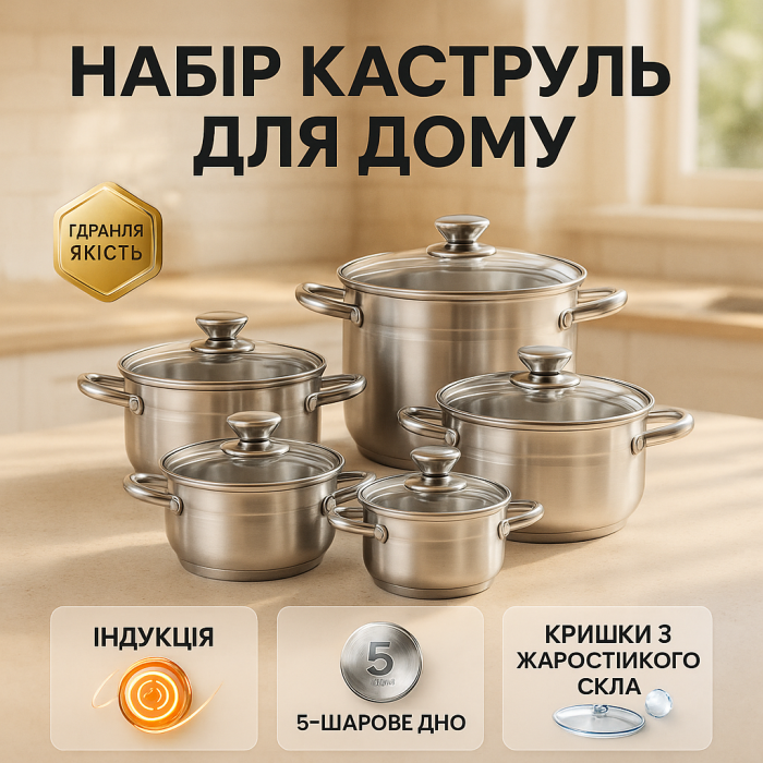 Набір каструль UNIQUE UN-5034 10 предметів (2,1 л, 2,9 л, 3,9 л, 5,1 л, 6,5 л, з кришками)