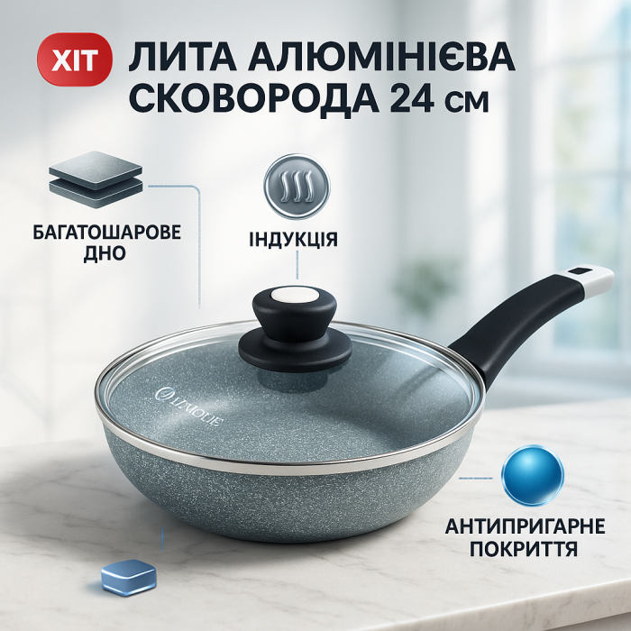 Сковорода UNIQUE UN-5115 24 см із кришкою граніт світлий