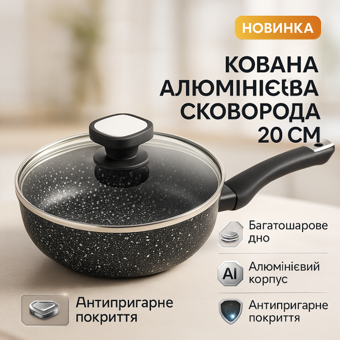 Сковорода із кришкою 20 см світлий граніт UNIQUE UN-5113 | Антипригарна сковорода Гранітна сковорода