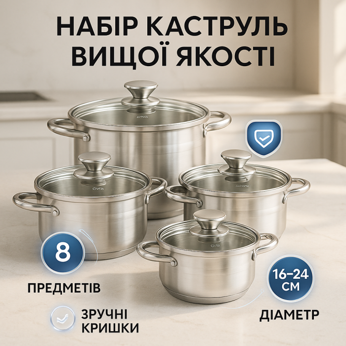 Хороший набір каструль UNIQUE UN-5032 8 шт, Набір каструль зі сталі хорошої якості CK-53